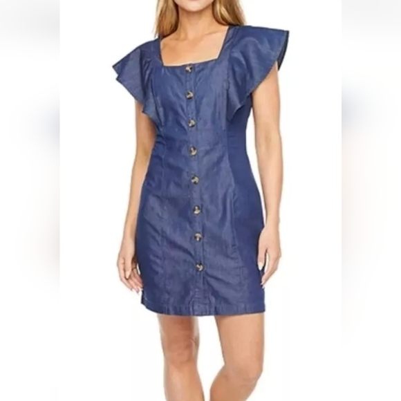 a. n. a. Square Neck Flutter Sleeve Soft Denim Button Up Cotton Mini Dress XXL - Picture 1 of 16